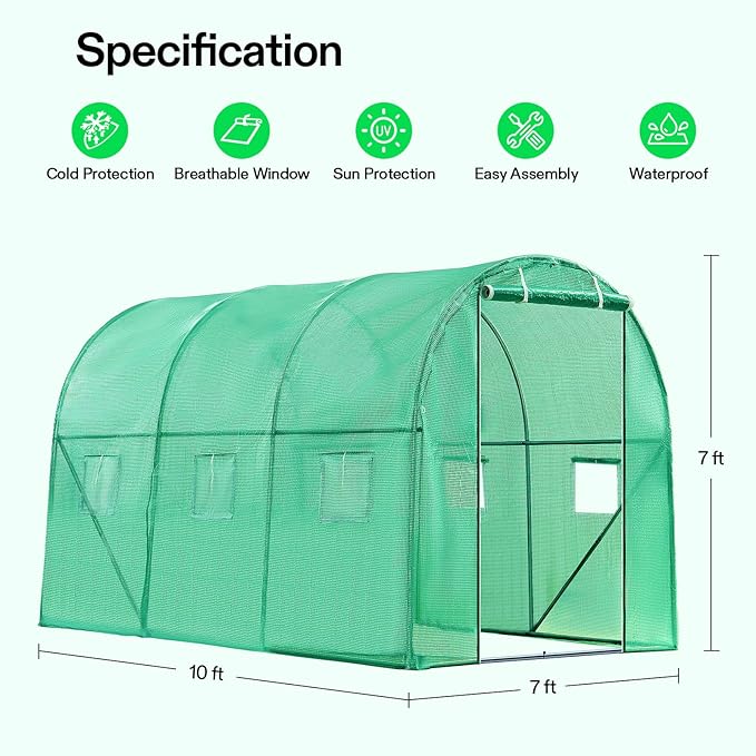 VIVOSUN 10x7x7 Ft. Large Walk in Greenhouse, Greenhouse Tunnel, Garden Plant Hot House with Green PE Cover, Roll-up Zipper Door and Window for Outdoor - Image 2
