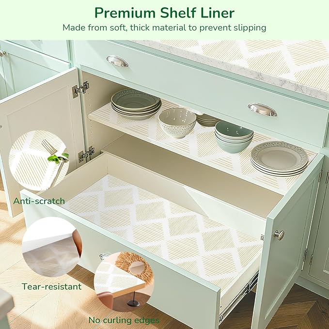 Drawer and Shelf Liner for Kitchen 17.5in x 10FT, Non-Slip Non-Adhesive Cabinet Liners for Cupboard, Dresser, Shelves, Tool Box, Pantry, Thickened Easy Install, Strong Grip, Yellow&White - Image 5