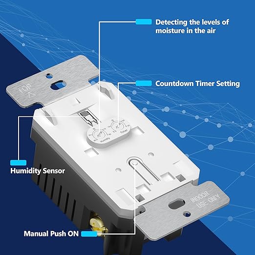 LIDER No Neutral Wire Required Humidity Sensor Switch, Automatic Humidity Detection, Air Circulator, Bathroom Fan Automated Control, Adjustable Timing, 1-Pole, UL Listed, White, Wall Plate Included - Image 6