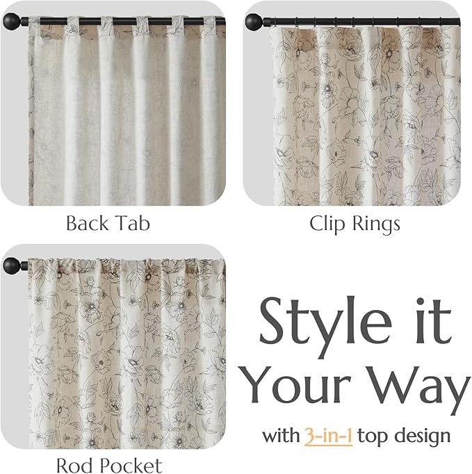 jinchan Linen Floral Curtains for Living Room 84 Inch Length Grey Flower Curtain Rod Pocket Back Tab Farmhouse Curtains with Printed Floral Bedroom Window Curtain Set, 2 Panels Gray - Image 5