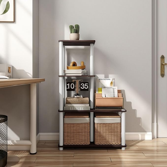 Homes: Inside + Out Apexa Modern 4-Cube Ladder Shelving Units, Collectibles Display Shelves, Easy Assembly Standing Shelf, Home Storage Organizer for Living Room, Bedroom, Office, Espresso - Image 2