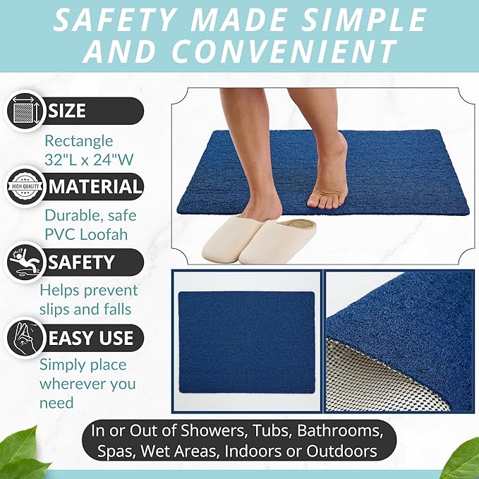 Enkosi Loofah Non-Slip Shower Mat - Shower Floors, Bathtub, Bathrooms, Wet Areas - Cushioned Bath Mat with Drain Holes - Quick Dry PVC, Secure Safety Pad Without Suction Cups (32x24 Navy) - Image 3