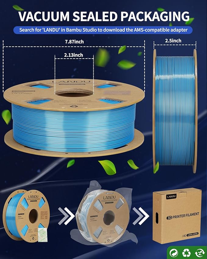 LANDU Silk Dual Color PLA Filament 1.75mm 1KG, 3D Printer Filament Dimensional Accuracy +/- 0.02mm, Coextrusion Filament PLA Shiny Filament Fits for Most FFF 3D Printers,1KG Spool,Blue Silver - Image 6