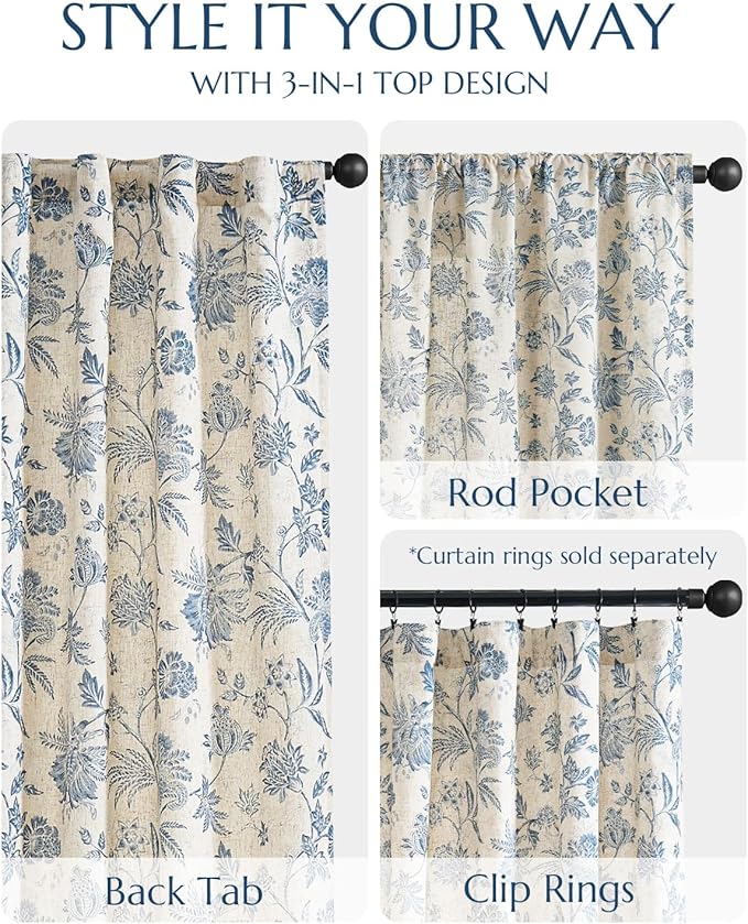 jinchan Lined Linen Floral Curtains for Living Room, 63 Inch Length Printed Flower Farmhouse Patterned French Country Back Tab Blue Window Drapes Set Privacy Bedroom Curtains, 2 Panels - Image 5