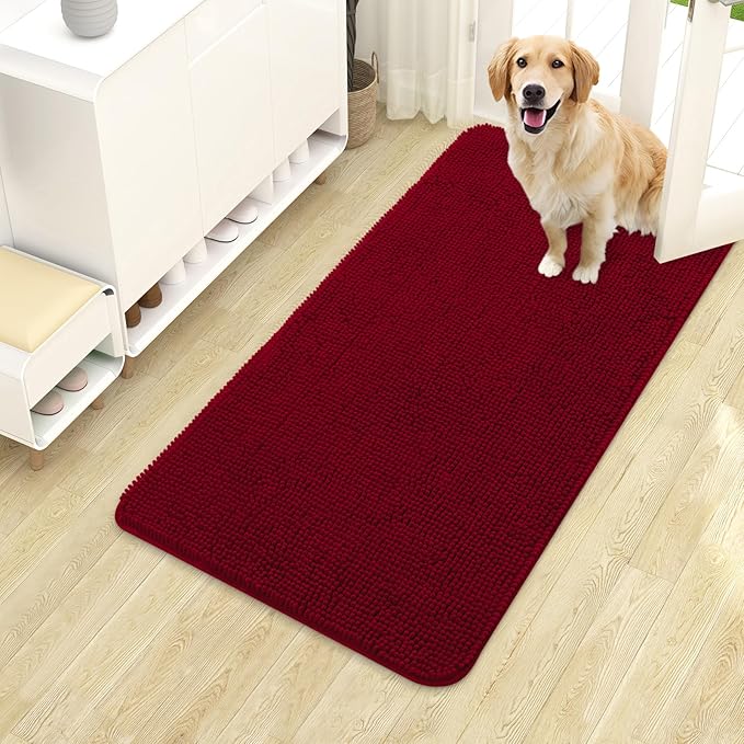 OLANLY Dog Door Mat for Muddy Paws 40x24, Absorbs Moisture and Dirt, Absorbent Non-Slip Washable Doormat, Quick Dry Chenille Mud Mat for Dogs, Entry Indoor Entryway Carpet for Inside Floor, Red by OLANLY