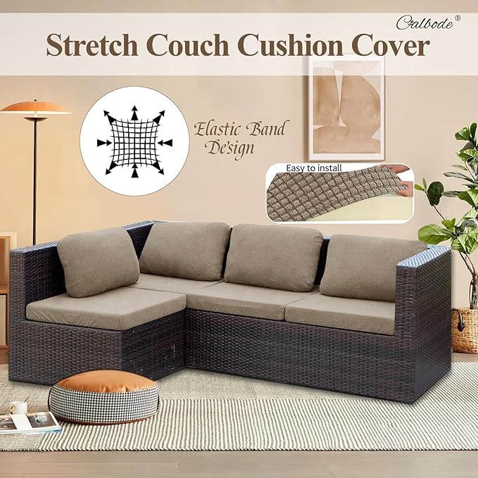 8Pcs Outdoor Stretch Cushion Covers,Waterproof Outdoor Chair Cushion Covers for Patio Furniture, Washable Jacquard Couch Covers Replacement for Patio Furniture(Khaki, Cover Only) - Image 6
