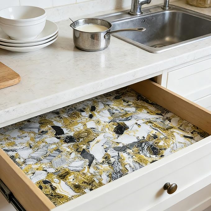Drawer and Shelf Liner - Yellow Black Marble Pattern,Non Adhesive Non Slip Waterproof Easy-Clean Liner for Kitchen Cabinet, Refrigerator, Bathroom, Pantry Storage Drawers, 17 in x 20 Ft - Image 5
