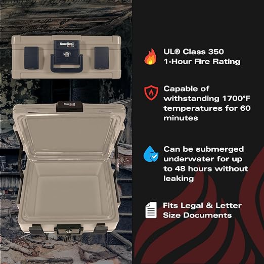 FireKing SureSeal Fire Safe with Key Lock, 1 Hour Fire Rated, UL Rated & 100 Hour Water Resistant Home Safe, Portable Home Safes, Taupe - Image 5
