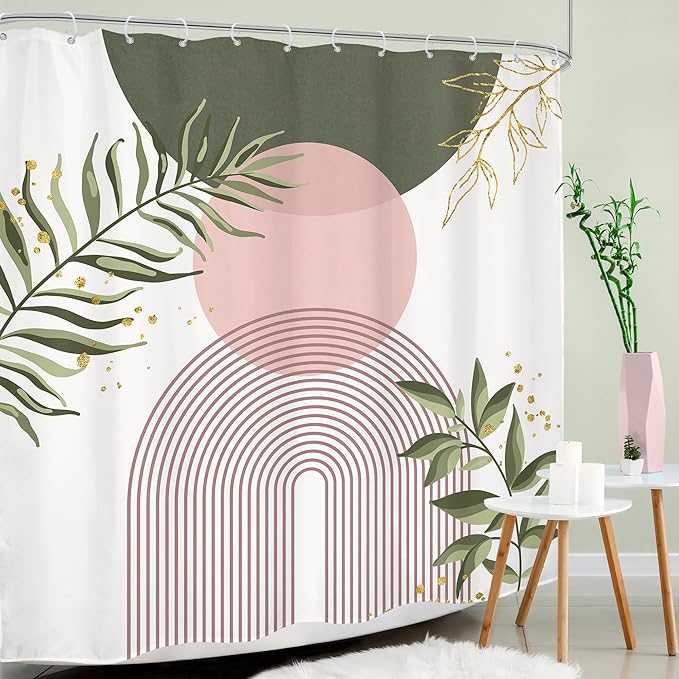 Green Pink Boho Shower Curtain 72Wx72H Modern Bohemian Abstract Sage Green Gold Leaves Plant Botanical Minimalist Bathroom Decor Geometric Neutral Bath Curtain Fabric Polyester 12 Pack Hook - Image 2