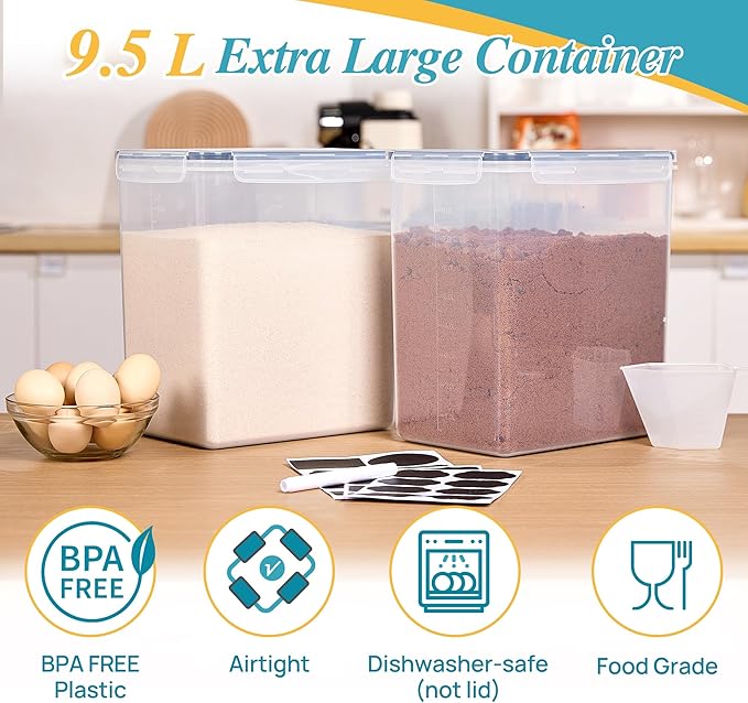 Vtopmart 9.5L 2 Pack Extra Large Flour Sugar Storage Containers for 25lbs flour, Airtight Kitchen Pantry Organization Canisters with Lids for Bulk food, Rice, Baking Supplies, BPA Free, Black - Image 3