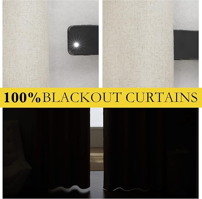 NICETOWN Natural 100% Blackout Linen Curtains 84 inch Long Burg for Living Room, 1 Pair, 62" Width Each Panel, Farmhouse Thick Completely Blackout Window Treatment Thermal Insulated Drapes - Image 3