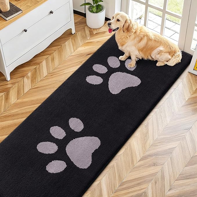 Smiry Dog Door Mat for Muddy Paws, Absorbs Moisture and Dirt, Low-Profile Entryway Mat with Non-Slip Backing, Entry Indoor Outdoor Doormat for Inside Floor (70x24 Inches, Black and Grey, Paw) by Smiry