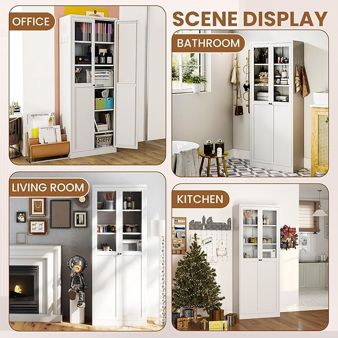 Metal Pantry Cabinet with Doors and 5 Adjustable Shelves, 72" Tall Kitchen Cupboard Storage Cabinets for Kitchen Dining Room Living Room Bathroom,Assembly Required (White) - Image 7
