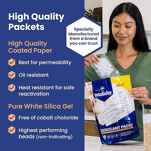 Wallaby 5 gram (100 Packets) Food Safe Pure White Silica Gel Desiccant Dehumidifier Packs - Rechargeable & Coated Moisture Absorbers - Protects Against Moisture Damage - (Packed in 20x Sets of 5) - Image 3