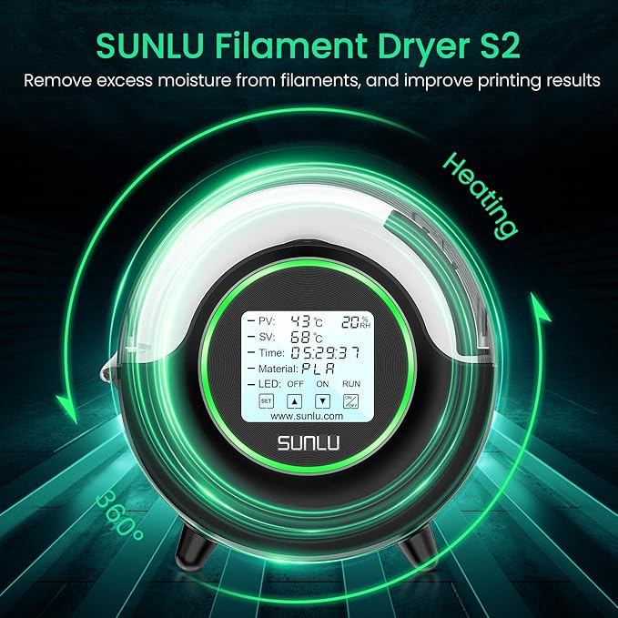 SUNLU Official Filament Dryer S2, Built-in Circulation Fan, 70℃ Max Temperature, 3D Printer Filament Dehydrator and Storage Box fo Nylon TPU PLA PETG ABS Filament 1.75/2.85/3.00mm, S2 Black - Image 2