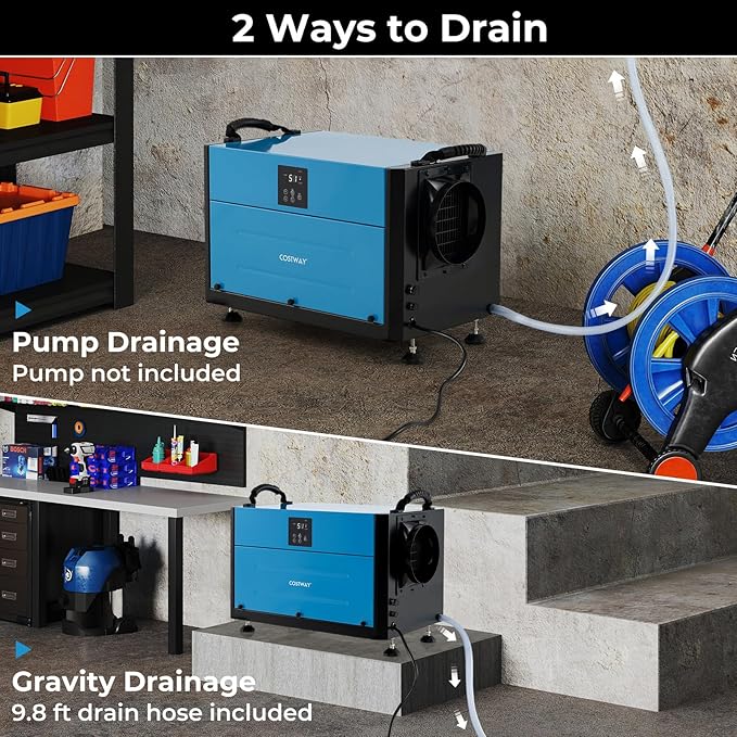 COSTWAY 155 PPD Commercial Dehumidifier, 1900 Sq.Ft Crawl Space Dehumidifier with 9.8 FT Drain Hose & Wired Remote Control Panel, Ideal for Basement, Warehouse (Blue) - Image 5