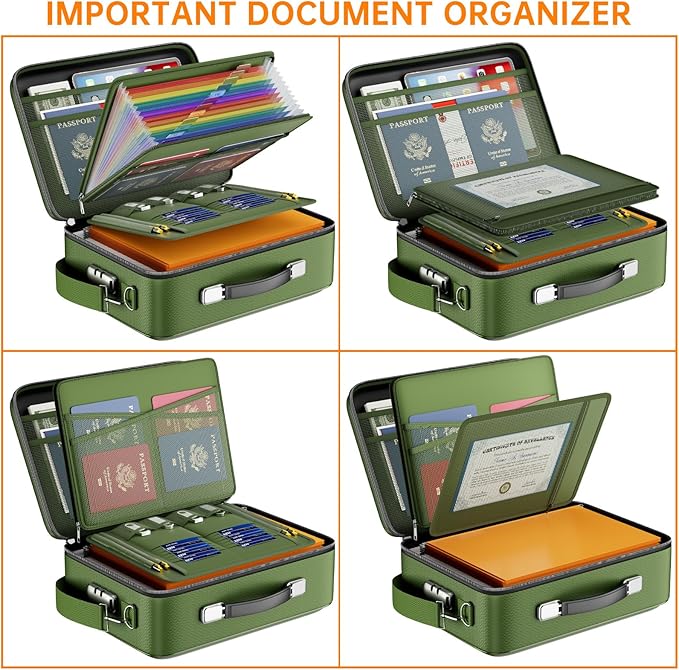 DocSafe Fireproof Document Box with Lock, Hard Case File Organizer with Accordion File Folder, Fireproof Water Resistant Safe Box Home Office Travel Storage for Important Documents Laptop Green - Image 8