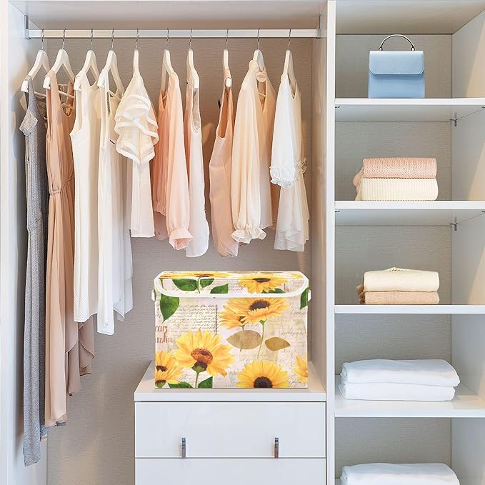 xigua Yellow Sunflower Storage Bins with Lids and Carrying Handle,Foldable Storage Boxes Organizer Containers Baskets Cube with Cover for Home Bedroom Closet Office - Image 6