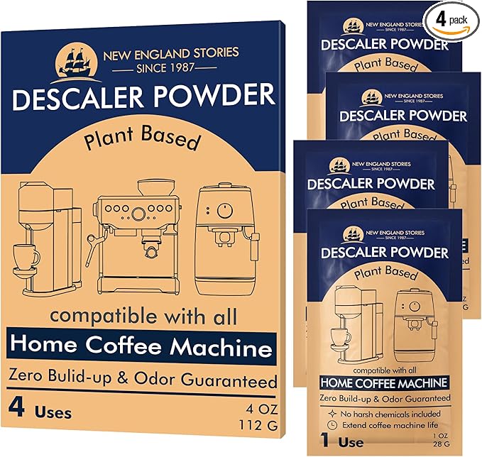 Descaling Powder Solution (4 Uses) Removes Scale and Build-Up, Automatic Coffee Pots & Makers & Espresso Machines Descaler, Compatible with Keurig Breville Nespresso Delonghi Ninja by NewEnglandStories