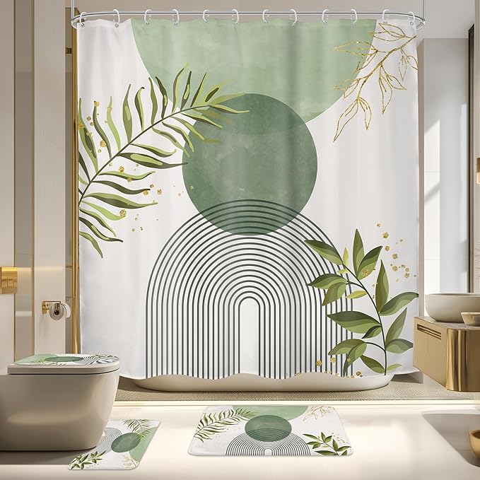 4 PCS Sage Green Boho 72Wx72H Shower Curtain Set Modern Leaves Mid Century Plant Bath Rug Toilet Lid Cover Nonslip U Shape Mat Quick Dry Rubber Backed Dirt Resistant Accessories Bathroom Decor by MitpokBrand