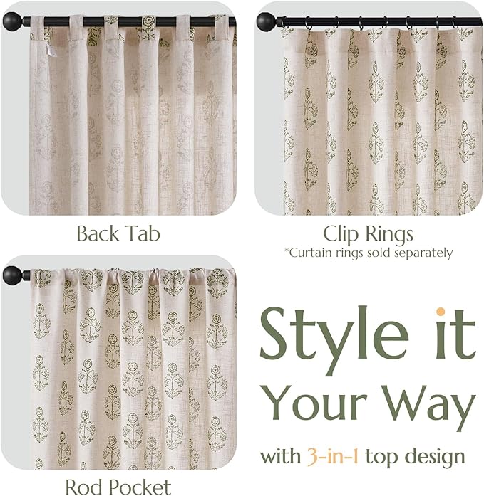 jinchan Linen Floral Curtains for Living Room 63 Inch Length Green Flower Cottage Core Farmhouse Curtains Rod Pocket Back Tab Boho Semi Sheer Window Drapes Bedroom Set 2 Panels Green on Beige - Image 6