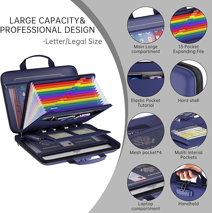 Fireproof File Organizer,Fireproof Document Box with Lock,Large 13 Pocket Expanding File Folder,Hard-Shell Portable Safe Storage for Letter/Legal Document,Laptop,Valuables-Bule - Image 4