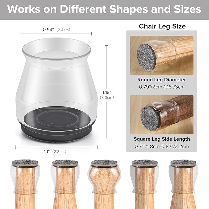24PCS Upgraded Silicone Chair Leg Floor Protectors for Hardwood Floors, Furniture Sliders for Chair Legs, Felt Bottom Furniture Pads, Anti-Slip Round&Square Cap Covers to Scratch and Reduce Noise - Image 2
