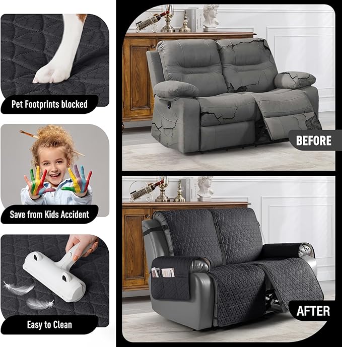 TAOCOCO 100% Waterproof Recliner Cover, Non-Slip Washable Reclining Couch Cover with Elastic Leg Straps, Furniture Protector for Dogs (Black, 2 Seater) - Image 2