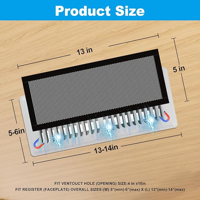 6-Pack Black Magnetic Vent Covers 5x13 Inch - Universal Fit for Floor, Wall & Ceiling Registers (5"-6" Width x 13"-14"Length) | High Airflow Mesh Design | Tool-Free Easy Installation - Image 2