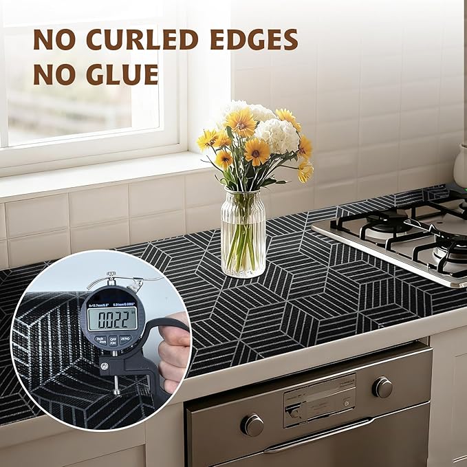 Shelf Liners for Kitchen Cabinets 17.3in x 20FT, Non Adhesive Cabinet Liner Strong Non-Slip Black and Silver Geometric Drawer Liner, Easy to Clean for Cabinet with Knife and Tape Measure - Image 8