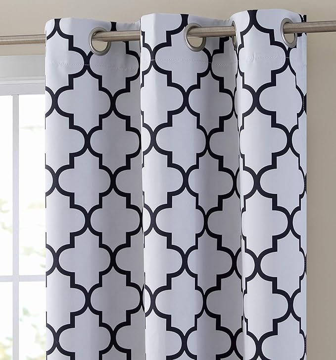 HLC.ME Lattice Print White and Black Blackout Curtains 72 Long - Thermal Noise Reduction Darkening Grommet Draperies Window Treatments Set Draperies - 2 Panels - 37 W x 72 L - Platinum White & Black - Image 2