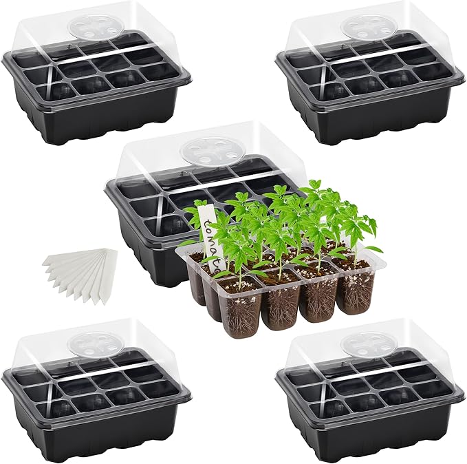 Bonviee 5-Pack Seed Starter Tray Seedling Kits,Plant Starter Kit with Adjustable Humidity Dome and Base Indoor Greenhouse Mini Propagator for Seeds Growing Starting (12 Cells per Tray,Black) by BonvieeDirect