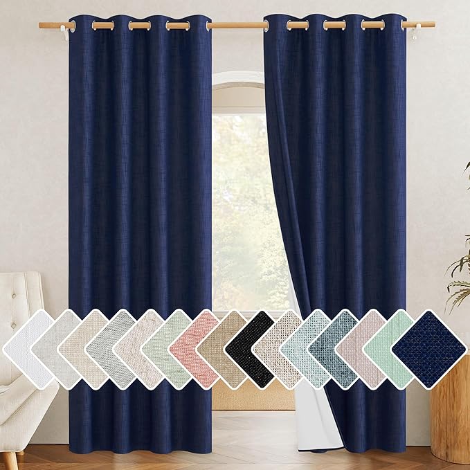 NICETOWN 100% Absolutely Blackout Linen Curtains with Thermal Insulated White Liner, Dark Blue, 52" Wide, 2 Pieces, Privacy Vertical Window Drapes for Office Laundry Living Room Windows 84 inch Long by NICETOWN