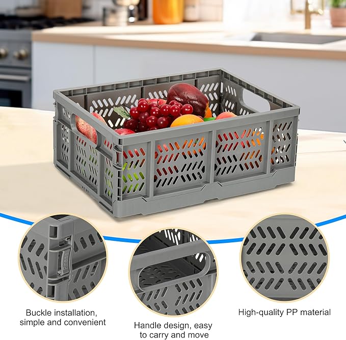 Heavy Duty Plastic Milk Crates for Storage, 4-Pack Stackable Storage Bins for Organizing, Collapsible Storage Basket with Handle for Groceries, Suitable for Home Office School Store, Gray - Image 3