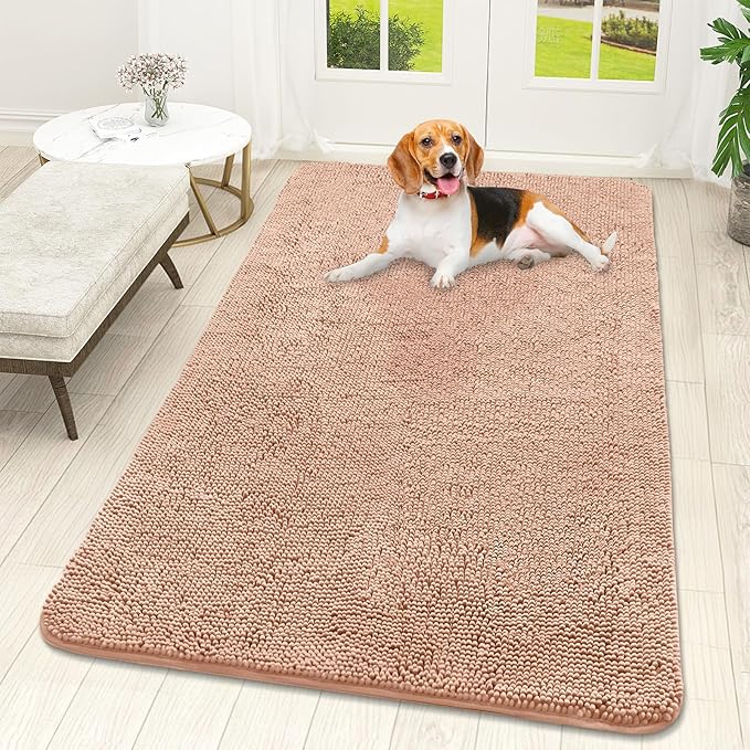 OLANLY Dog Door Mat for Muddy Paws 59x32, Absorbs Moisture and Dirt, Absorbent Non-Slip Washable Doormat, Quick Dry Chenille Mud Mat for Dogs, Entry Indoor Entryway Carpet for Inside Floor, Peach by OLANLY