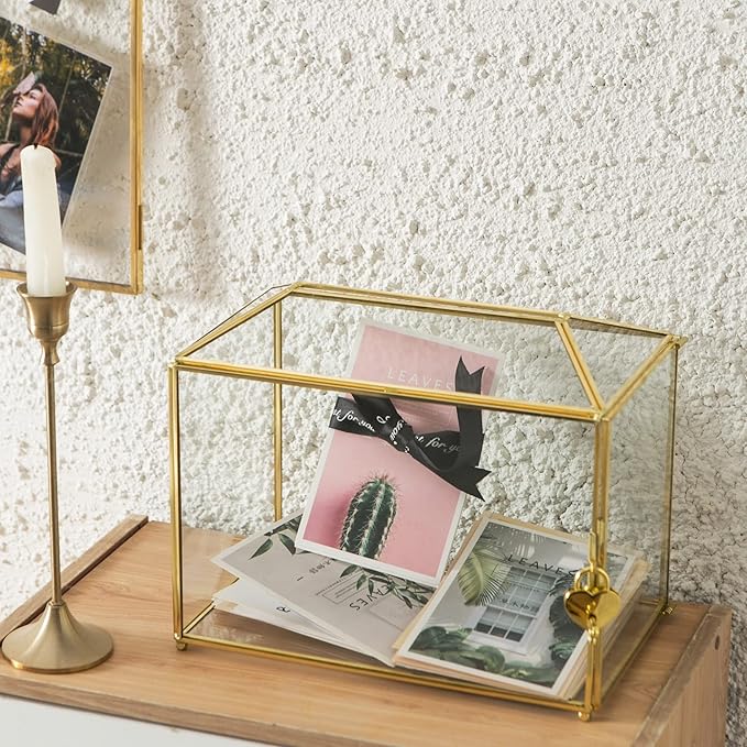 Glass Wedding Card Box with Slot, Large Clear Card Box 10.2 inch Gold Brass Gift Card Storage Box with Lock for Wedding Receptions, Baby Shower, Birthday Party, Bridal Shower - Image 4