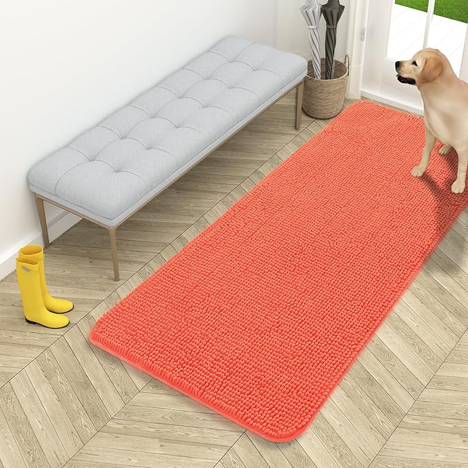 OLANLY Dog Door Mat for Muddy Paws 54x24, Absorbs Moisture and Dirt, Absorbent Non-Slip Washable Doormat, Quick Dry Chenille Mud Mat for Dogs, Entry Indoor Entryway Carpet for Inside Floor, Coral by OLANLY