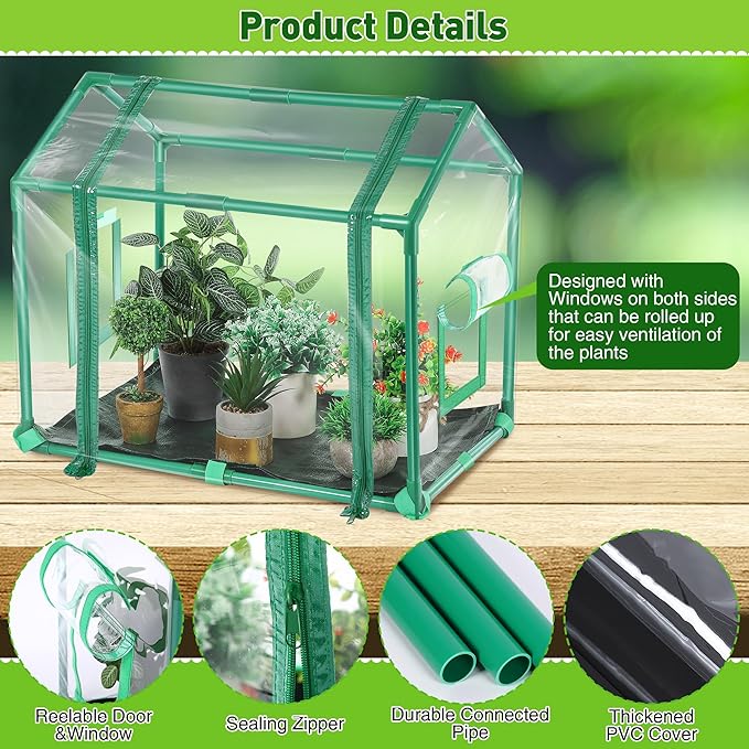 Mini Greenhouse with Potting Mat for Indoor Plant, Heavy Duty Portable Green House with Waterproof Pot Pad for Small Plants, Clear Small Plant Tent for Seed Humidity (Green) - Image 2