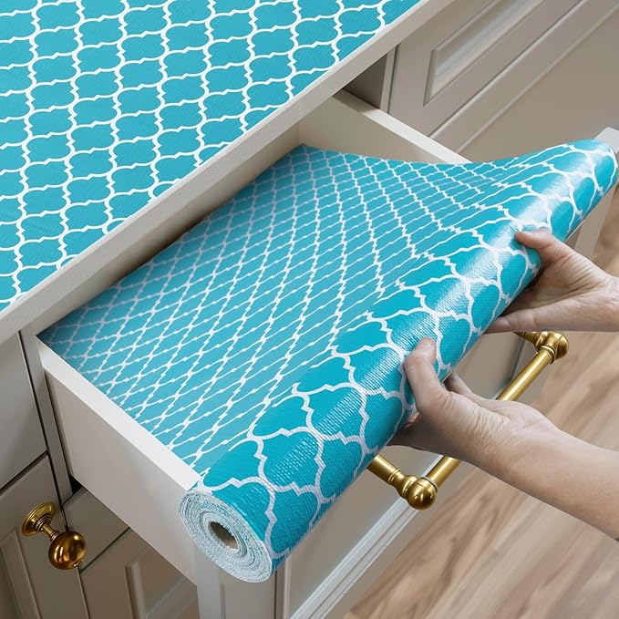 Shelf and Drawer Liner for Kitchen Cabinets Non-Adhesive, Strong Grip Non-Slip Thickened Cabinet Liners for Shelves, Waterproof Mats for Dresser Cupboard, Green/White, 17 in x 20 Feet by Shinlendid