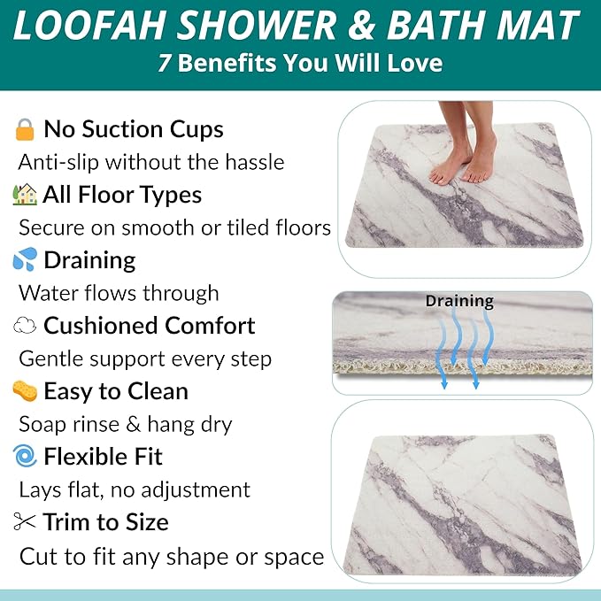 Extra Large Square Shower Mat Non Slip - Soft Loofah Mat - Bathroom Shower Mat Stall - Shower Mat Square - No Slip Shower Mats - Shower Floor Mat - Square Shower Mats for Showers (Gray Marble 31x31) - Image 4