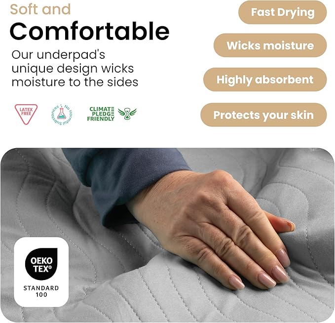 IMPROVIA® Washable Underpads, Heavy Absorbency Reusable Incontinence Pads for Kids, Adults, Elderly, and Pets - Waterproof Protection Floor Grey & White (4 Pack - 18x24) - Image 4
