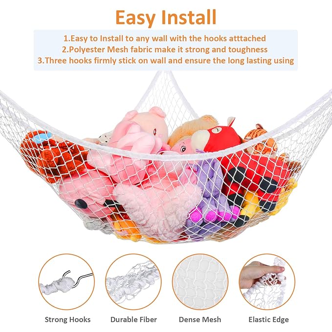 Toy Hammock, Stuffed Animals Hammock, Jumbo Toy Storage Net 83" Wall Sling Corner Extra Large Kids Children Mesh Toy Net Organizer (White, 83 Inch) - Image 2