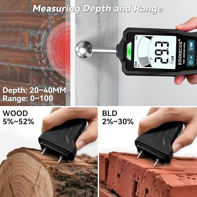 2-in-1 Pin & Pinless Moisture Meter, Digital Moisture Detector for Wood, Drywall & Building Materials, Large LCD Display, 3-Color Indicator, Calibration, Rechargeable Battery - Image 5