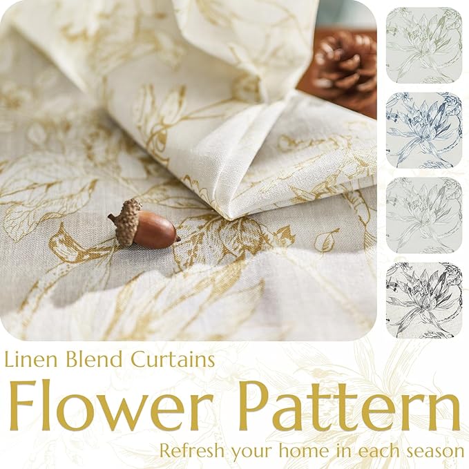 jinchan Floral Curtains 90 Inch Length Mustard Yellow Flower Linen Farmhouse Curtain for Living Room French Country Vintage Curtain Rod Pocket Curtains Set 2 Panels Floral Printed - Image 4