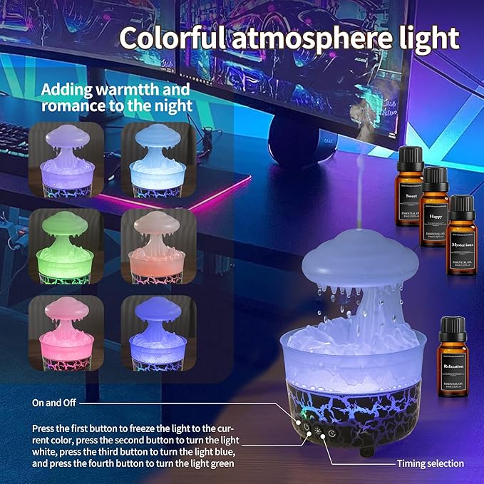 BOHOFAM Aroma Essential Oil Diffuser,Rain Cloud humidifier Simultaneously Water Drip and Air Mist,Rain Diffuser with 4 Hotel Collection Essential Oils for Home,Bedroom,Colorful Light(Black) - Image 5