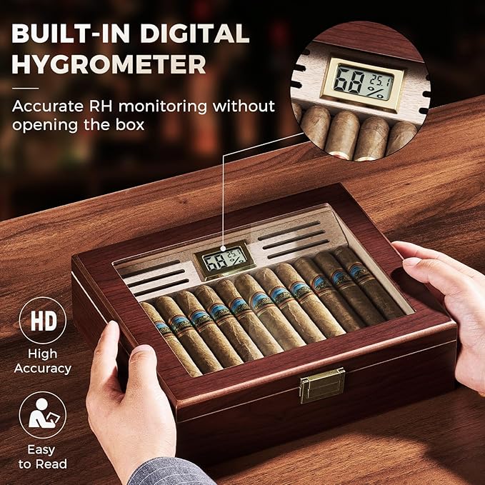 ProCase Wood Cigar Humidor Box, Wooden Desktop Cigar Storage Case, with Humidifier，Cedar Lining, Glass Top, Digital Hygrometer, Gift for Men Dad Boyfriend, Father's Day - Image 5