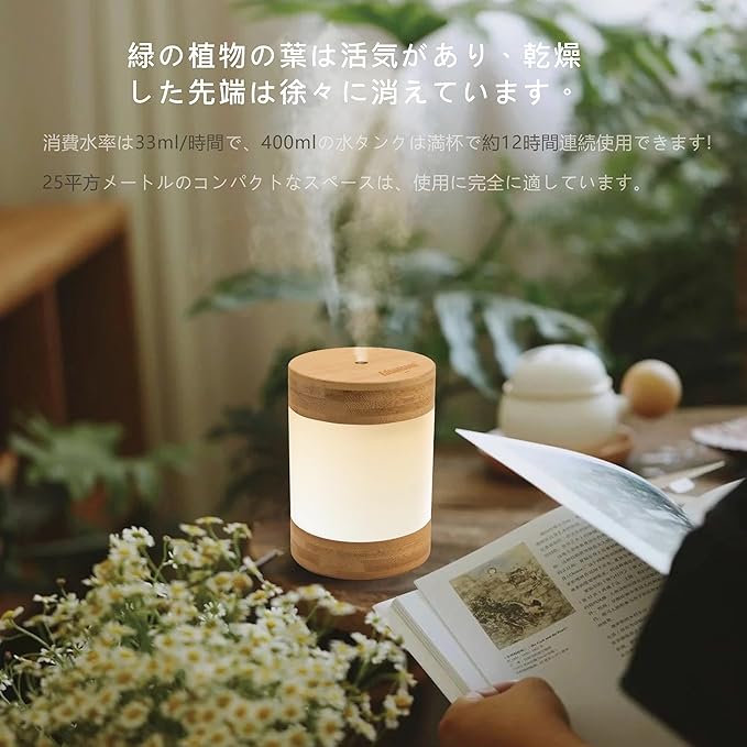 Bamboo Ultrasonic Cool Mist Humidifier with Phone Stand, 400ml Quiet Desktop Mini Humidifier with Dual LED Night Light, USB-C Powered, Auto Shut-Off for Bedroom, Office & Home - Image 9