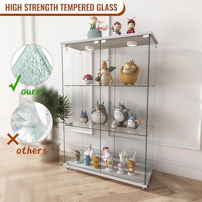 Yoluckea 3-Shelf Glass Display Cabinet with LED Lights, 2-Door Floor Standing Curio Cabinet with Universal Wheel for Home or Office, White Glass Bookshelf for Collections, Decor, and Corner Display - Image 6