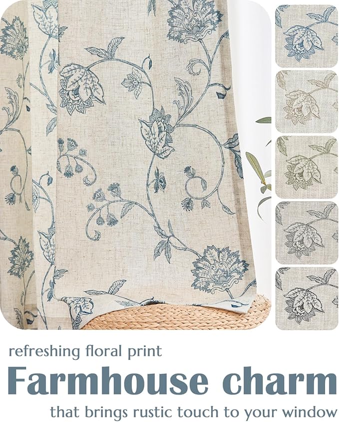 jinchan Linen Curtains Floral Curtains 63 Inch Length for Living Room Bedroom Light Filtering Rod Pocket Back Tab Jacobean Curtains Flax Linen Texture Window Drapes Set 2 Panels Blue on Linen - Image 6