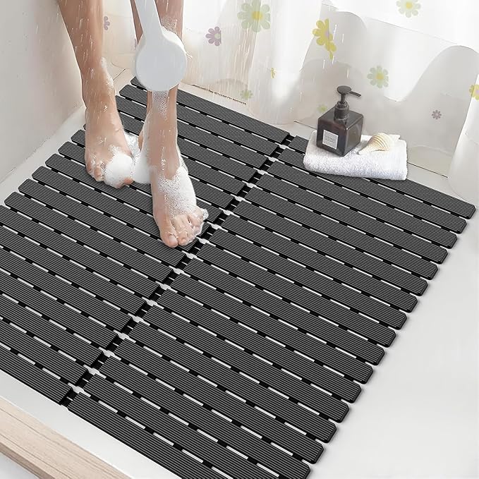 ​Shower Mat Non-Slip Bath Mat for Tub and Shower Stall,200+ Suction Cups with Drain Holes, Quick Dry Machine Washable, Extra Grip for Stand Up Showers, Bathroom Essentials 24x24 Inch(Black) by BYTANA